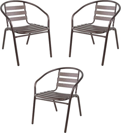 Indoor Outdoor Set of 3 Bronze Restaurant Metal Aluminum Slat Stack Chairs Lightweight