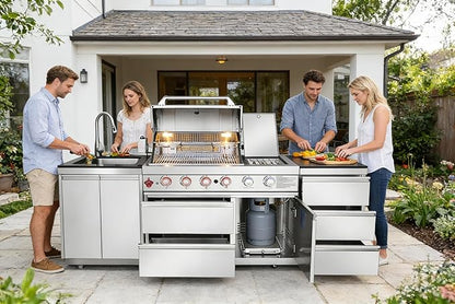 4-Burner 72000 BTU Stainless Steel Gas Outdoor Kitchen Island Grill with 3 Soft-Close Drawers, Single Door Cabinet & Pull-Out Sink, Patio, Lawn, Backyard, Silver