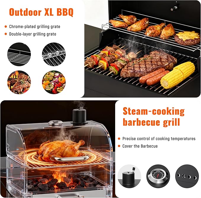 Charcoal Grills with Side Tables and Bottle Opener, 20'' Smoker Barbecue BBQ Grill with 2 Wheels for Backyard Patio Camping and Parties, Black
