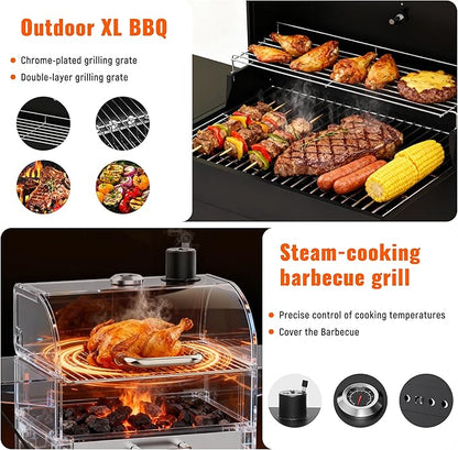 Charcoal Grills with Side Tables and Bottle Opener, 20'' Smoker Barbecue BBQ Grill with 2 Wheels for Backyard Patio Camping and Parties, Black