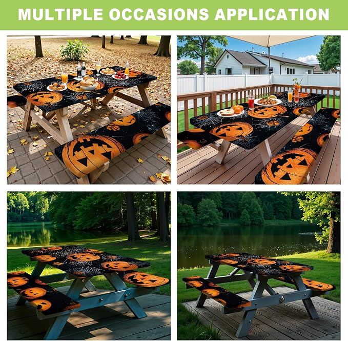 ANNA QUEEN Halloween Pumpkin 6FT Picnic Table Cover Set, Spooky 3PCS 72"x30" Jack-o'-Lantern Tablecloth & Bench Covers, Waterproof Camping Outdoor Decor