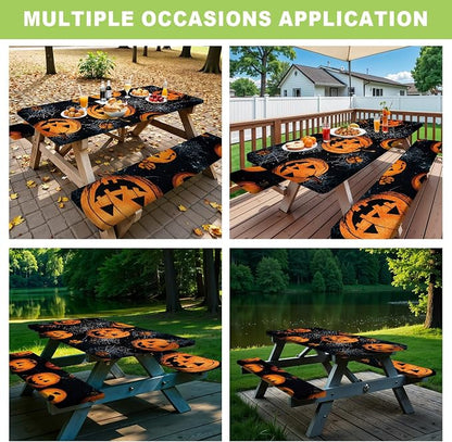 ANNA QUEEN Halloween Pumpkin 6FT Picnic Table Cover Set, Spooky 3PCS 72"x30" Jack-o'-Lantern Tablecloth & Bench Covers, Waterproof Camping Outdoor Decor