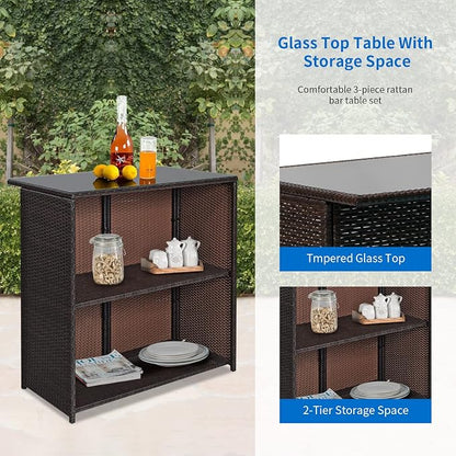 3PCS Patio Bar Set Outdoor Furniture Set Wicker Bistro Set with Two Stools for Patio Backyard Balcony,Blue Cushion