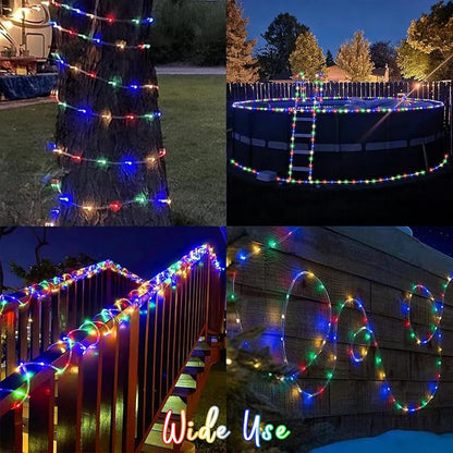 QITONG Solar Rope Lights Outdoor Waterproof, 2 Pack Each 33ft 100 LED Multicolor Trampoline Lights, Fairy Lights in Clear Thin Tube with 8 Modes