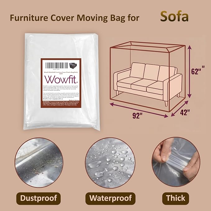 Wowfit 4mil Couch Cover for Moving, Clear Sofa Storage Bag, 92Wx42Dx62/41H | With Tape Strips & Labels, Heavy Duty, Tear-Resistant, Waterproof, Reusable, Oversized/3-Seat Sofa, Long-Term Garage Storage