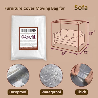 Wowfit 4mil Couch Cover for Moving, Clear Sofa Storage Bag, 92Wx42Dx62/41H | With Tape Strips & Labels, Heavy Duty, Tear-Resistant, Waterproof, Reusable, Oversized/3-Seat Sofa, Long-Term Garage Storage