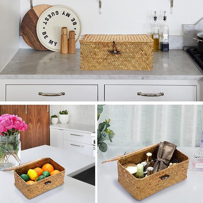 Hipiwe Wicker Shelf Baskets Bin with Lid, Handwoven Seagrass Basket Storage Bins Rectangular Household Basket Boxes for Shelf Wardrobe Home Organizer, Caramel Small