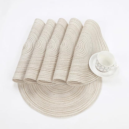 SHACOS Placemats Set of 8 Round Braided Place Mats 15 inch Washable Table Mats for Home Wedding Holiday Party (Ivory, 8)