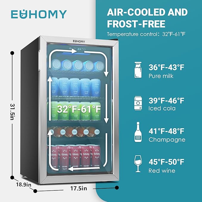 EUHOMY Wine Cooler, 128 Can Wine Fridge with Glass Door for Soda Beer or Wine, Mini Fridge for Home, Office, Bar with Adjustable Removable Shelves, Silver
