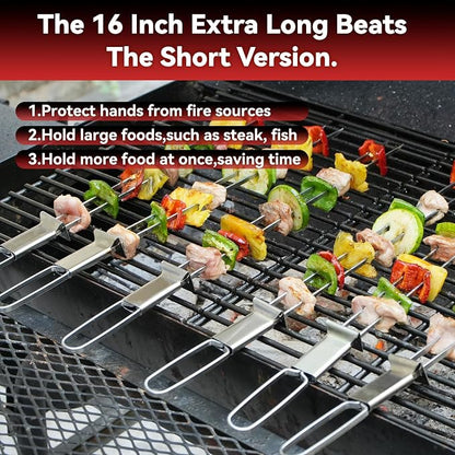 Stainless Steel Kabob Skewers, 16"（12PCS）, Double Pronged Flat with Slider
