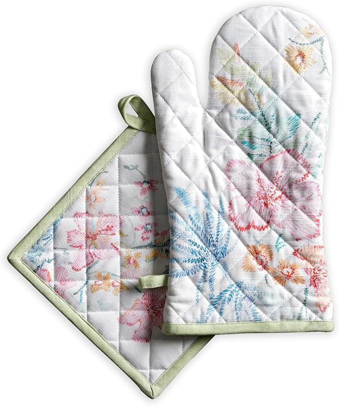 Maison d' Hermine 100% Cotton Oven Mitt & Pot Holder Set (7.5"x13" & 8"x8") | Heat Resistant BBQ Cooking Gloves with Loop Baking Grilling Kitchen Hotel Home Farmhouse Spring Summer - Paradise Island