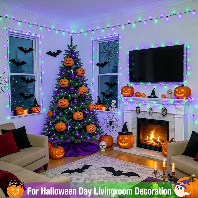 JMEXSUSS 500 LED Purple and Green Halloween Lights | 173ft Halloween String Lights Outdoor Waterproof, 8 Modes Christmas Lights Plug in for Party House Halloween Decor