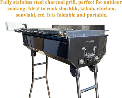 MangalGrills Portable Charcoal Stainless Steel Grill with Electric Motor Skewers Kit for Kebab Shashlik BBQ