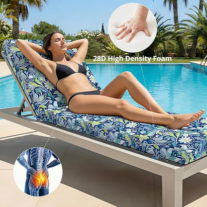 Fabuday Chaise Lounge Chair Cushions for Outdoor Furniture - 72 x 21 x 3 Inch Waterproof Patio Pool Sunbrella Lounger Pads Replacement with Removable Cover, Green Floral