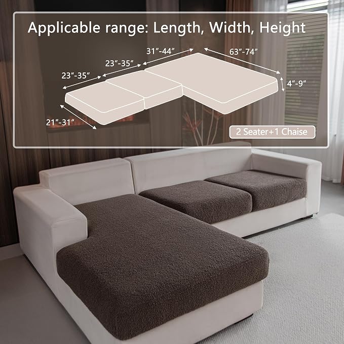 OHSIO Couch Cushion Covers for Sectional Sofa, Stretch Soft Sofa Slipcovers Washable Wear-Resistant Universal Furniture Protector for Living Room(2 Seaters Covers+1 Chaise Cover, Brown)