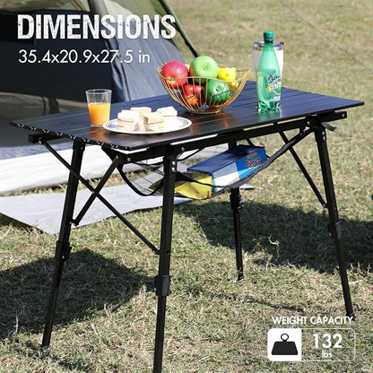 Portal Camping Table Foldable Portable with Adjustable Legs, Aluminum Folding Table Roll Up Table with Carrying Bag for Outdoor, Beach, Picnic, Backyards, BBQ and Party, Black