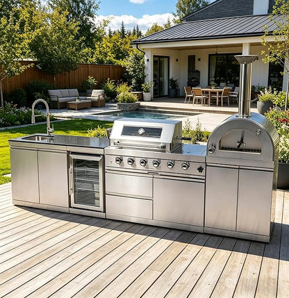 125" Outdoor Kitchen Island,Stainless Steel Natural Gas BBQ Grill with with Standalone Side Burner Pizza Oven, Rotisserie, Refrigerator, Granite Countertop, Storage Cabinets Drawers 108000 BTU.