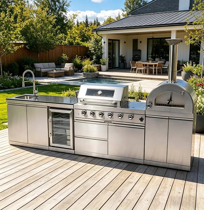 125" Outdoor Kitchen Island,Stainless Steel Propane BBQ Grill with with Standalone Side Burner Pizza Oven, Rotisserie, Refrigerator, Granite Countertop, Storage Cabinets Drawers 108000 BTU.
