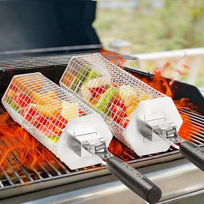Hexagonal Rolling Grilling Basket Set, 2 PCS Stainless Steel BBQ Grill Baskets with Removable Wooden Handles, Large & Small Nestable Design for Outdoor Camping, Ideal for Vegetables, Meat & Seafood on Gas/Charcoal Grill