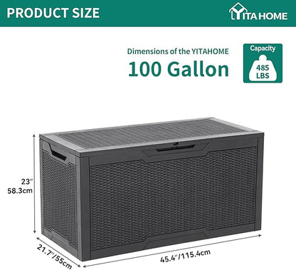 YITAHOME 100 Gallon Resin Deck Box, Weather Resistant Outdoor Storage Box, Lockable Indoor Outdoor Storage for Supplies and Essentials, Dark Gray