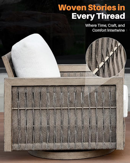 Swivel Patio Chair, Never Rust Aluminum Outdoor Swivel Sofa Chair with Washable Cushions, Rope Weave Patio Sofa Armchair, Deep Seating Outdoor Club Chairs for Garden, Porch, Poolside, Gray Oak