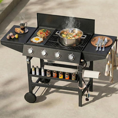 Sophia & William 4-Burner Gas Grill Griddle Combo with Stove, 482 SQ.IN.Cooking Area, 52,000 BTU Propane Barbeque Grills Outdoor Cooking with Two Shelves for Outside BBQ Patio Barbecue, Black