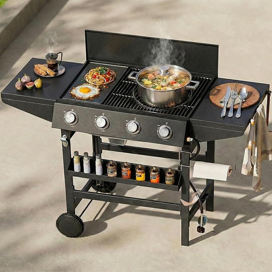 Sophia & William 4-Burner Gas Grill Griddle Combo with Stove, 482 SQ.IN.Cooking Area, 52,000 BTU Propane Barbeque Grills Outdoor Cooking with Two Shelves for Outside BBQ Patio Barbecue, Black