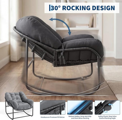 Patio Rocking Chair Set,Indoor Outdoor Rocking Chair,Papasan Chairs with Cushion,Wicker Egg Rockers, Lounge Chair for Patio, Living Room, Bedroom, or Porch,Gray