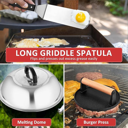 25Pcs Griddle Accessories Kit, Leonyo Flat Top Grill Accessories, Commercial Grilling Tools with Enlarged Spatulas, Basting Cover, Metal Scraper, Smash Burger Press for Outdoor Barbecue, ABS Handle