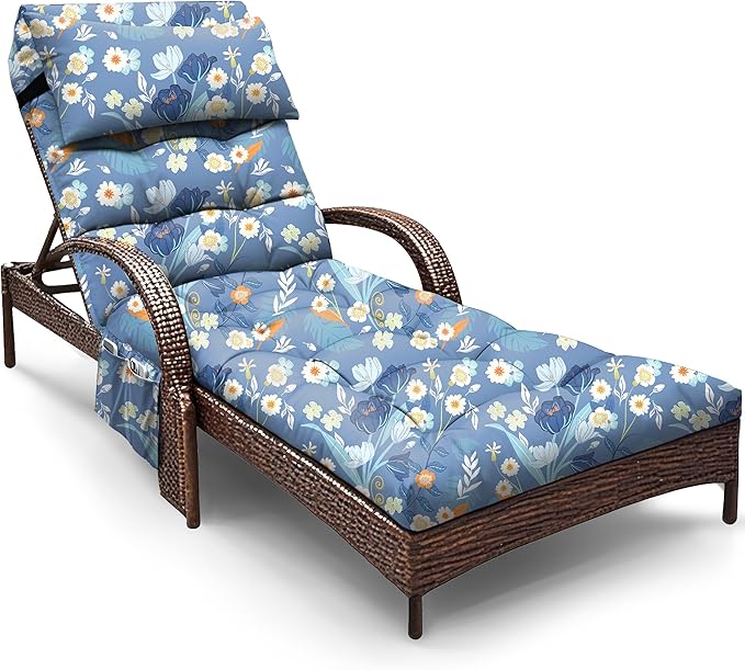 Outdoor Chaise Lounge Chair Cushion, Waterproof Outdoor Chair Cushions for Patio Furniture, 71 x 21 x 4 Inches Replacement Chaise Lounge Cushion with Ties (Blue Flower)