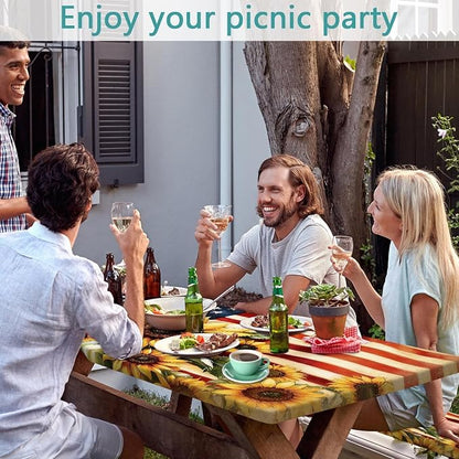Picnic Table Cover with Bench Covers and Bag, American Flag Sunflower Summer Camping Essentials Outdoor Table Covers with Elastic Picnic Waterproof Fitted Tablecloth for RV Picnic Travel 3pcs 96inch