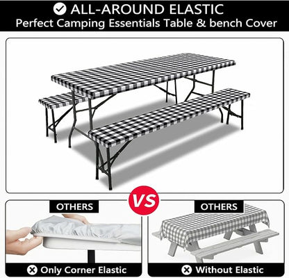 Picnic Table Cover with Bench Covers, Black and White Checkered Waterproof and Windproof, Fitted Tablecloth Cover with Elastic Edge, for Outdoor, Garden, Camping, 3 Pieces Set, 30x96 Inch