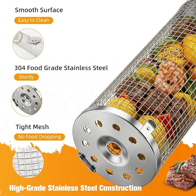 Rolling Grill Baskets (2PCS), Stainless Steel Grill Basket,Dishwasher Safe BBQ Grill Accessories Portable Grill Baskets for Outdoor Grill for Fish, Shrimp,Meat,Vegetables,Fries Outdoor Cooking Camping