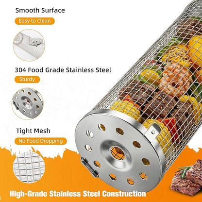 Rolling Grill Baskets (2PCS), Stainless Steel Grill Basket,Dishwasher Safe BBQ Grill Accessories Portable Grill Baskets for Outdoor Grill for Fish, Shrimp,Meat,Vegetables,Fries Outdoor Cooking Camping