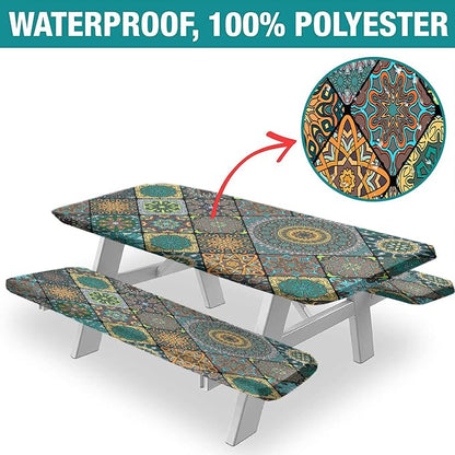 Boho Picnic Fitted Tablecloth with Benches Covers, Boho Flowers Print Elastic Edge Table Cover, 28x72 Inch, 3 Piece Set, Polyester Rectangular Table Cloths for Summer Spring Picnics Dinner Use