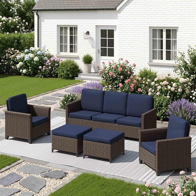 5 Pieces Patio Furniture Set, PE Wicker 75" Couch with 2 High Back Chairs & 2 Ottomans, All-Weather Rattan Furniture with Waterproof Cushions for Deck, Garden, Porch