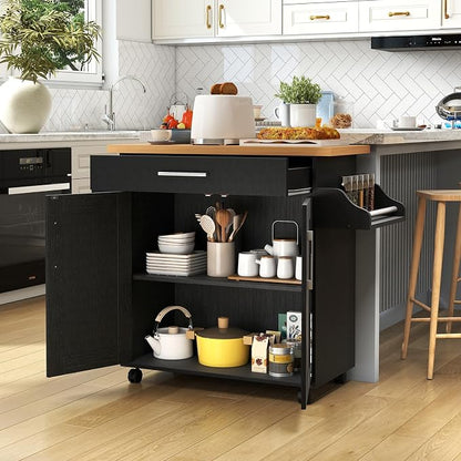 COSTWAY Kitchen Island On Wheels, Rolling Storage Trolley Cart | with Large Cabinet, Drawer, Spice Rack and Towel Rack, Kitchen Serving Utility, 3-Position Adjustable Shelf (Black)