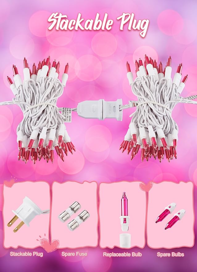 Pink Christmas String Lights, 50 Count 10 Feet Mini Valentine's Lights | Incandescent Bulb Waterproof Pink Lights for Indoor Valentine's Day Garland Wedding Party Festival Xmas Tree Decoration
