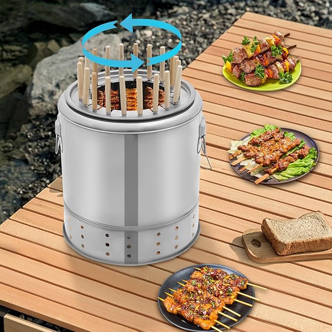 Charcoal Grill, Vertical Charcoal Skewer Grill Stainless Steel Kebab Grill with Accessories, Portable Hanging Skewer Barbecue for Camping Picnic Party Backyard Garden Cookout (20 Skewers)
