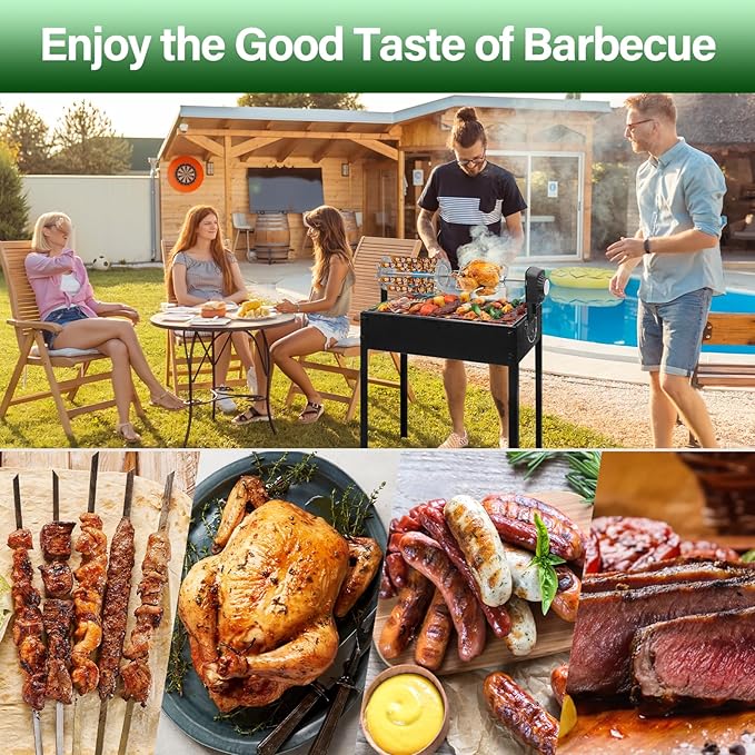 ptlsy Rotating Barbecue Charcoal Grill with Rotisserie Meat Forks & 6-Piece Skewer Set for Outdoor Cooking Camping Hiking Picnics Tailgating Backpacking or Any Outdoor Event