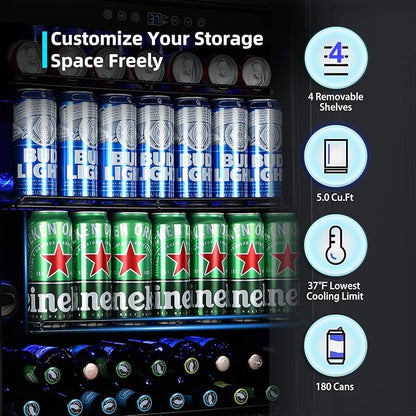 24 Inch Beverage Refrigerator, 180 Cans Built-in Beverage Cooler with Glass Door, Under Counter or Freestanding Drink Fridge with LED Light & Adjustable Shelves For Home Bar Office - Silver