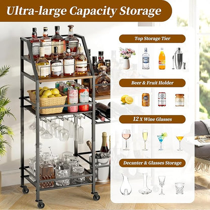 VINAEMO Rolling Bar Cart with Wine Glass Holder, Bar Carts for The Home, Bar Stand for Home, Small Mini Bar for Whiskey Wine, Liquor Cart for Home Bar, Alcohol Cabinet for Bar, Kitchen, Dining Room