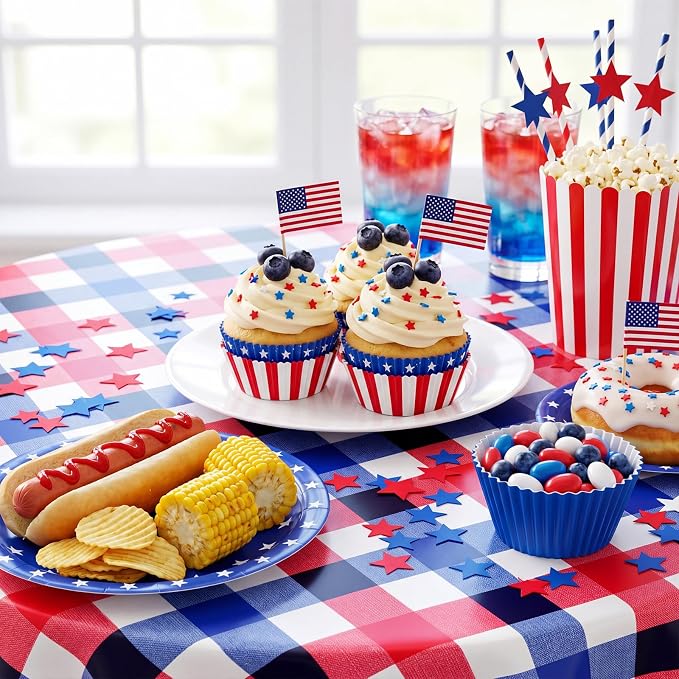 6 Pcs 4th of July Disposable Checkered Tablecloth Round Red White Blue Plastic Buffalo Plaid Independence Table Cloth 84'' Gingham Tablecover for Patriotic Picnic Camping BBQ Graduation Party