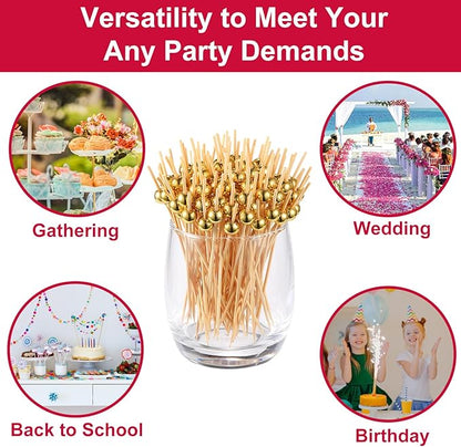 200 Pcs Cocktail Picks, Gold Plastic Ball Decor Skewer for Appetizers, Fruit, Kebabs, Mini Burger, Bamboo Skewers for Drinks, Handheld Toothpicks, Food Sticks Natural, Kitchen Gadget