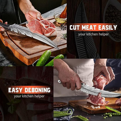 Huusk Feather Knife Hand Forged Japan Viking Knives High Carbon Steel Butcher Boning Knife for Meat Cutting Japanese Chef Knives Cooking with Sheath for Kitchen Camping Gift for Dad