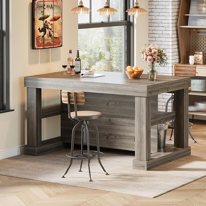 Tribesigns 55" Kitchen Island with Seating and Storage, 3-Tier, Farmhouse | Wood Stationary Island Table with Large Worktop & Legroom, Heavy Duty, Coffee Bar Table with Storage Shelf for Kitchen, Grey