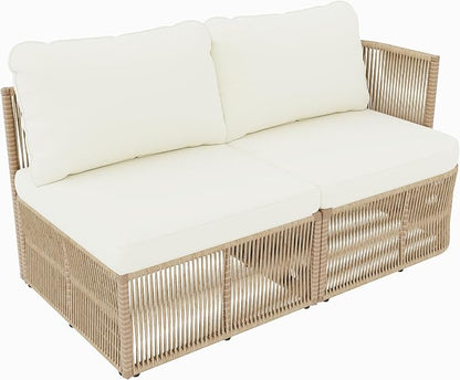 VilroCaz Outdoor PE Rattan Patio Furniture Sectional Sofa Set with Iron Frame, All-Weather Beige Wicker Conversation Set with Thick Cushions and Coffee Table for Garden Backyard Balcony