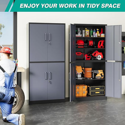 SISESOL Metal Storage Cabinets with Doors and Shelves,71" Metal Garage Storage Cabinet with Lock,Gray Steel Cabinet with Locking Doors,4 Door Lockable Storage Cabinets for Garage,Home,Office