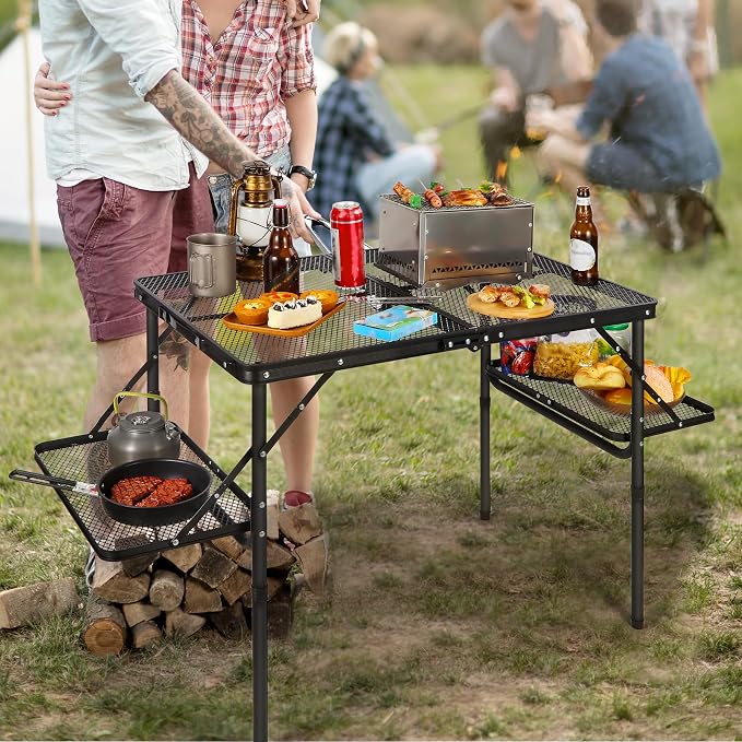 Folding Grill Table with Extension Space, Adjustable Height Portable Large Stand Camp Table for Outdoor Indoor Camping Picnic BBQ, Black with Side Panels