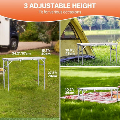 FUNYKICH 3ft Folding Camping Table, 3 Height Adjustable Max 27.5'', White | 34.2''x15.7'' Tabletop, Aluminum Lightweight Design, Portable Picnic Table for Car Camping Outdoor Backyard BBQ Beach